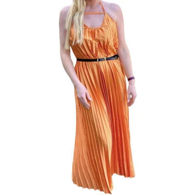 Afbeelding van Jurk, oranje, met riem, plissé, one size