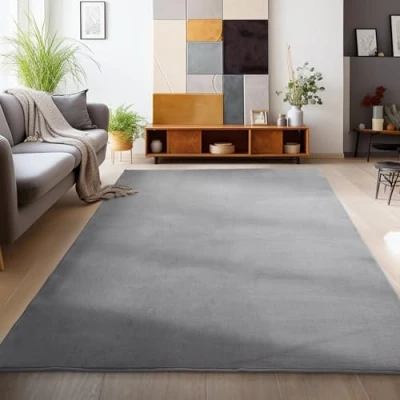 Afbeelding van HomebyHome Laagpolig tapijt voor woonkamer, 240 x 340 cm, grijs, wasbaar slaapkamer, eetkamer en ideaal als keukentapijt, extra zacht, effen, antislip, modern