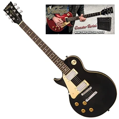 Afbeelding van Vintage VIP LHV10BLK Coaster Series LH Gloss Black Guitar Pack linkshandige elektrische gitaar set met versterker