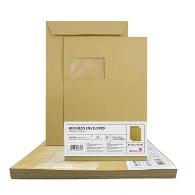 Afbeelding van Netuno 50 bruine C4 enveloppen 229x324mm rechte klep zelfklevend met venster links 90g voor facturen folders belastingaangiften brochures