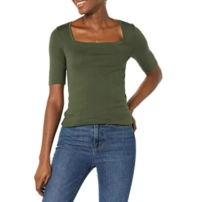 Afbeelding van Amazon Essentials Women&#039;s T shirt met halve mouwen, vierkante hals en slanke pasvorm, Olijfgroen, L