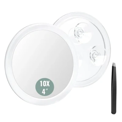 Afbeelding van Spiegel 10x vergrotende met 3 zuignappen, ronde make upspiegel vergroting, 10 cm voor thuis, badkamer en reizen, verwijderen van mee eters/bellen