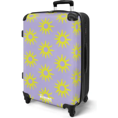 Afbeelding van NoBoringSuitcases.com® Koffer groot Rolkoffer lichtgewicht Paars met gele zonnen Reiskoffer 4 wielen Grote trolley XL 20 kg bagage