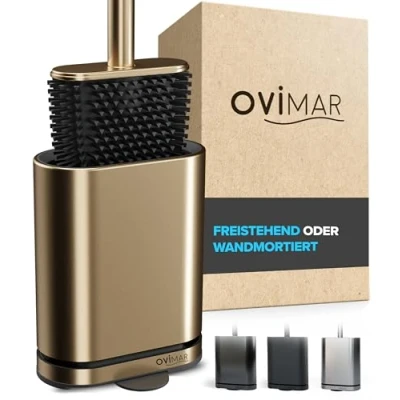 Afbeelding van Escobilla de baño Amager Ovimar Oro silicona con ventilación Acero inoxidable Bandeja goteo extraíble Sólo 6 cm ancho