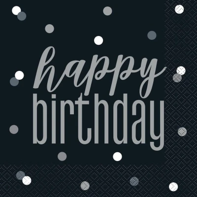 Afbeelding van Servetten Zwart Zilver Glitz Happy Birthday 33x33cm 16 stuks