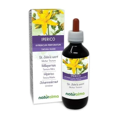 Afbeelding van Sint janskruid (Hypericum perforatum) kruid met bloemen Alcoholvrije moedertinctuur Naturalma Vloeibaar extract druppels 200 ml Voedingssupplement Veganistisch