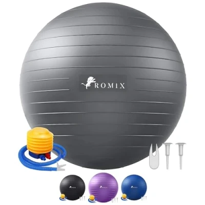 Afbeelding van ROMIX Oefenbal, 65cm Anti burst Extra dikke geboortebal met pomp, Fitness Zwitserse yogabal voor zwangerschap Arbeidsbalans Stabiliteit Pilates Workout Gym Kern Fysiotherapie Thuiskantoor (Zilver)