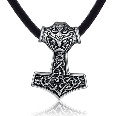 Afbeelding van DonDon Heren ketting leer 50 cm en hanger Thor Hammer van roestvrij staal verpakt in een zwart fluwelen zakje, Leer, Geen edelsteen