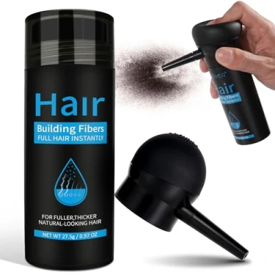 Afbeelding van Strooihaar voor haarverdichting, 27,5 g, aanzetpoeder, concealer vrouwen en mannen, waterdicht, verbergt haaruitval, haarpoeder (donkerbruin met mondstuk)