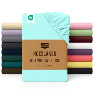 Afbeelding van Utopia Bedding Hoeslaken 35 cm Diepe, Eenvoudig onderhoud Zachte Geborstelde Microvezel Stof Krimp en Vervaagt Bestendig (90 x 200 cm, Spa Blauw)