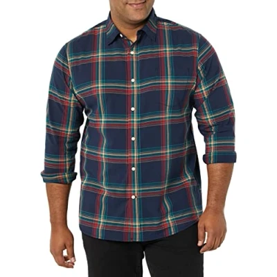 Afbeelding van Amazon Essentials Slim Fit Stretch Poplin Shirt met lange mouwen voor heren, marineblauw rood groenblauw geruit XS