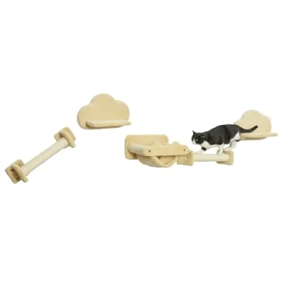 Afbeelding van PawHut katten Klimmuur, 5 delige trap met 2 krabpalen, platforms, klimmen kattenkrabpaal pluche bekleding, hangmat, voor binnenshuis, beige