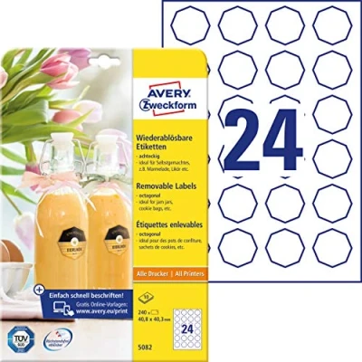 Afbeelding van AVERY Zweckform Flessenetiketten Art. 5082 (240 stickers verwijderbaar, 40,8 x 40,3 mm op A4, achthoekig, voor inmaakpotten, gebakzakken, geschenken en zelfgemaakte uit de keuken) 10 vellen wit
