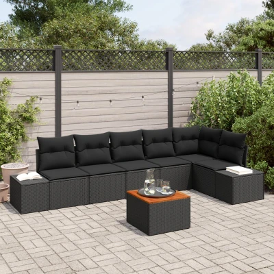 Afbeelding van vidaXL 7 Delige Tuin Sofa Set met Kussens Zwart Poly Riet Acacia