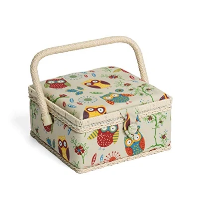 Afbeelding van Hobby Gift Exclusieve kleine naaidoos, knutseldoos, accessoirelade, speldenkussen, PVC handgreep, 20 x 11 cm, uilen