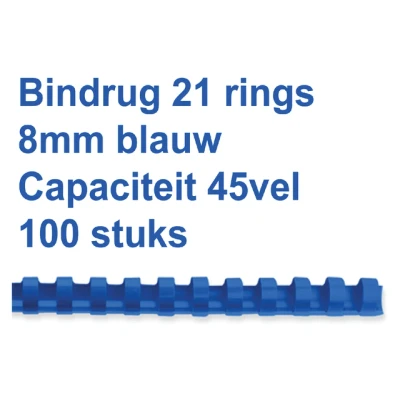 Afbeelding van Bindrug Fellowes 8mm 21rings A4 blauw 100stuks