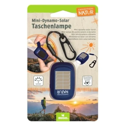 Afbeelding van moses. Expedition Natuur mini dynamo zaklamp voor kinderen, oplaadbare accu met handslinger en zonnepaneel, zwengelzaklamp 3 heldere leds polsband