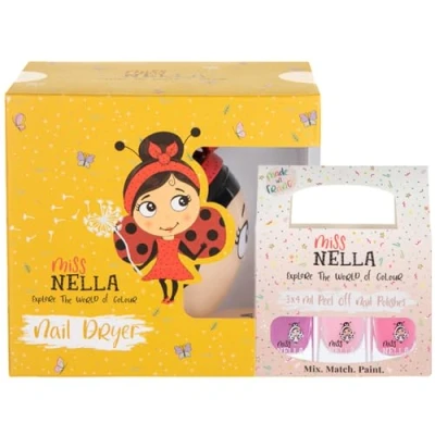 Afbeelding van Miss Nella Nageldroger met 3 trekkers, geurvrij, waterbasis en veilig voor kindernagellak, roze glitter, paars