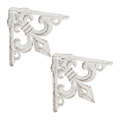 Afbeelding van Relaxdays plankdragers gietijzer, set van 2, schapdragers antiek, ornamenten, vintage planksteunen, wit