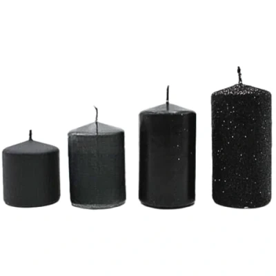 Afbeelding van Adventskaarsen, stompkaarsen, adventskranskaarsen, tafelkaarsen, blokkaarsen, tafelkaars in matzwart en zwart glitter, levering 4 stuks, getrapt van L/B/H 5 x cm tot (l b h) 9
