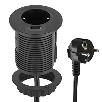 Afbeelding van Electraline Inbouwstopcontact voor bureau&#039;s, USB Fast Charge 2.A, Kabeldoorvoer, Diameter 60 mm, Kabel 2 M, Zwart