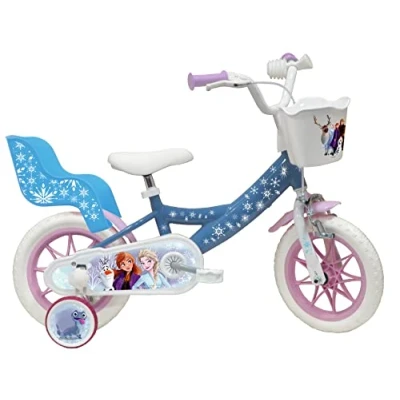 Afbeelding van Vélo ATLAS Fiets van 30,5 cm (12 inch), meisjes, ijskoningin, met 1 rem, mand voor, poppenhouder achter, spatborden, behuizing en stabilisatoren, hemelsblauw