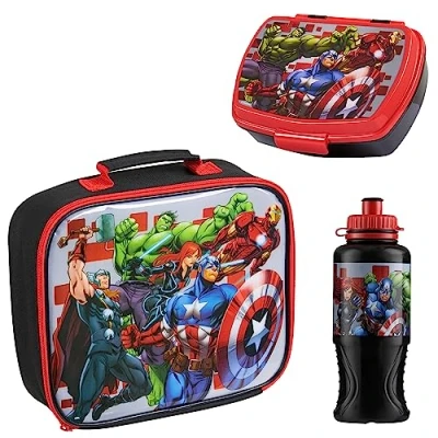 Afbeelding van Marvel Kids Lunchbox 3 delige set Avengers geïsoleerde lunchtas snackbox 430 ml Spiderman waterfles BPA vrij school reizen Captain America Iron Man Thor (Multicolor Avengers)