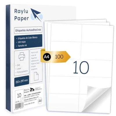 Afbeelding van Raylu Paper ® zelfklevende witte etiketten om af te drukken, papieren stickers op A4 vellen voor inkjetprinters, laser en fotokopieerapparaten, 10 per vel (105 x 57 mm)