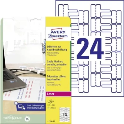 Afbeelding van Avery Zweckform L7950 20 Kabeletiketten 60 x 40 mm Polyester folie Wit 480 stuk(s) Permanent hechtend Laser (zwart/wit), Handschriften