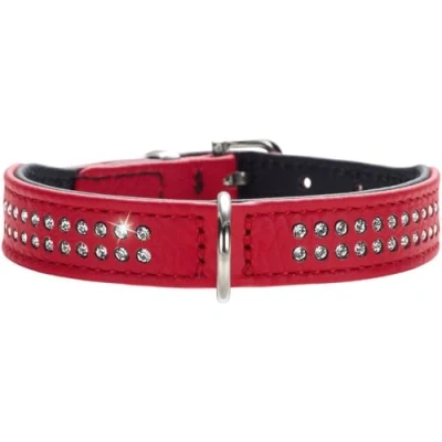 Afbeelding van HUNTER DIAMOND PETIT halsband voor kleine honden, leer, met strass steentjes, 32 (XS), rood/zwart