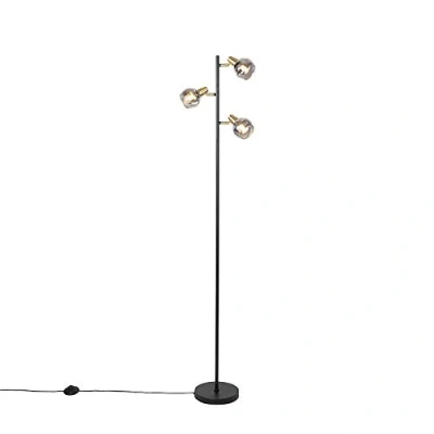 Afbeelding van QAZQA Art deco vloerlamp zwart en goud met smoke glas 3 lichts Vidro