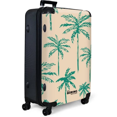 Afbeelding van NoBoringSuitcases.com® Koffer groot Reiskoffer lichtgewicht Beige met groene palmbomen print Rolkoffer 4 wielen Grote trolley XL 98 liter bagage