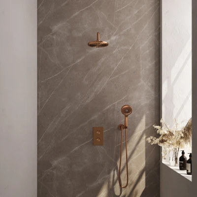 Afbeelding van BRAUER Copper Carving thermostatische inbouw regendouche 3 weg omstelling SET 33 met 20 cm douchekop en gebogen muurarm standen handdouche