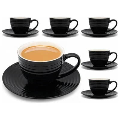 Afbeelding van Bella Fiore set van 6 Koffiekopjes met Schoteltjes Porselein 220 ml Mokken Geschenk Zwart