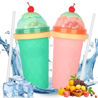Afbeelding van Set van 2 doe het zelf slush bekers, siliconen knijpbeker met in 1 rietje en lepel, ijsbeker voor kneden, smoothie pinch ijscop, slushy maker, smoothiebeker, slushie beker