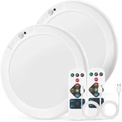 Afbeelding van Combuh Led plafondlamp met bewegingsmelder, oplaadbare lamp op batterijen, zonder stroomaansluiting, draadloze plafondlampen afstandsbediening, voor badkamer, kelder, garage, hal, 2 stuks