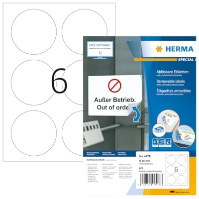 Afbeelding van HERMA 4478 universele etiketten A4 afneembaar, set van 14 (Ø 85 mm, 1.400 vellen, papier, rond) zelfklevend, bedrukbaar, verwijderbaar en opnieuw klevende etiketten, 8.400 voor printer, wit