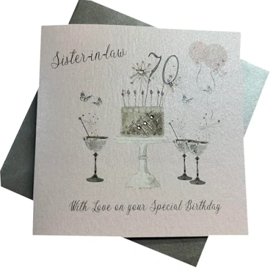 Afbeelding van Happy 70th Verjaardagskaart Schoonzuster Champagne Bril Roze Rozen door Witte Katoenen Kaarten SS42 SIL70