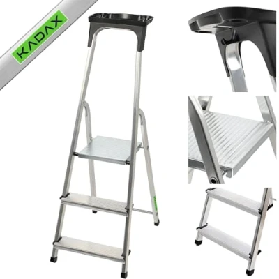 Afbeelding van KADAX aluminium ladder, staande ladder tot 125 kg, trapladder, veiligheidsladder, inklapbare met plank, vouwladder, (3 treden)