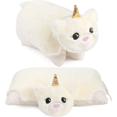 Afbeelding van BRUBAKER Knuffelkussen Eenhoorn 2 in 1 Pluche en 40 x 30 cm Knuffel Opvouwbaar Kinderkussen met Klittenbandsluiting Kussen Knuffeldier Wit