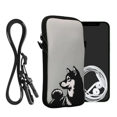 Afbeelding van kwmobile Tasje voor smartphones XL 6,7/6,8&quot; Hoesje van neopreen in zwart / wit grijs Phone case met nekkoord Shiba hond design