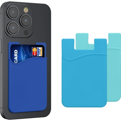 Afbeelding van kwmobile Stick On Kaarthouder voor telefoon (Set van 3) Siliconen Portemonnee Kaarthouders Plakt op de achterkant mobiele of het hoesje Lichtblauw/Blauw/Donkerblauw