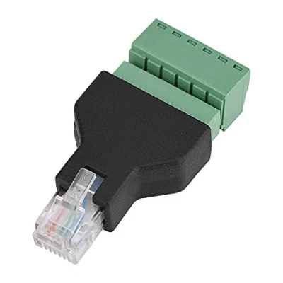 Afbeelding van 6 polige 6P6C stekker met RJ12 en afgeschermde adapter voor CCTV aansluiting