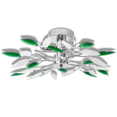 Afbeelding van Plafondlamp witte en groene acryl kristal bladeren 3xE14