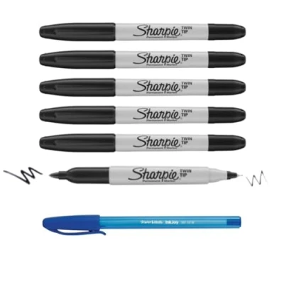 Afbeelding van SHARPIE Twin Tip Permanent Marker, zwart, fijne en ultrafijne punten, 6 stuks + Paper Mate stift, cadeau