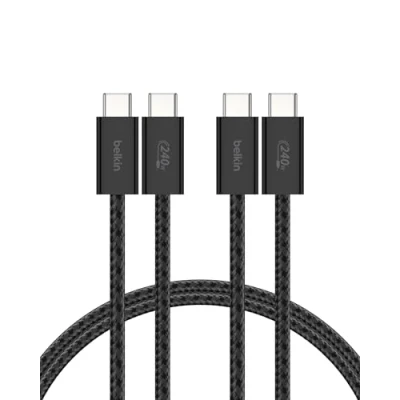 Afbeelding van Belkin 2 Pack Gevlochten USB C/USB C Kabel, 1,5M, 240 W zachte, flexibele to Type snellaadkabel voor iPhone 16 en 15 series, Galaxy S25, Pixel 9, iPad Pro meer zwart