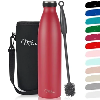 Afbeelding van Milu Roestvrijstalen Drinkfles 350ml 500ml 750ml 1000ml Thermosfles, Geïsoleerde Waterfles, Lekvrije Fles dubbelwandig, Koolzuurhoudend incl. Reinigingsborstel (rood, 750 ml)