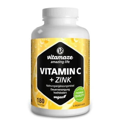 Afbeelding van Vitamine C 1000 mg + Zink, 180 Veganistische Tabletten voor 6 Maanden, Puur Natuurlijk Supplement zonder Onnodige Toevoegingen, Made in Germany