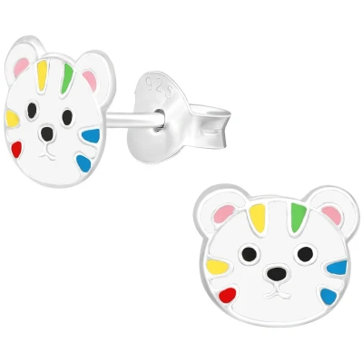 Afbeelding van JoyS Zilveren tijger kat poes oorbellen 9 x 7 mm wit met kleurtjes kinderoorbellen