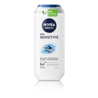 Afbeelding van NIVEA MEN Sensitive Dusch Shampoo 250 ml, 3 in 1 Duschgel für Gesicht, Körper und Haare, sanftes Männerbad mit beruhigendem Bambus Extrakt empfindliche gereizte Haut